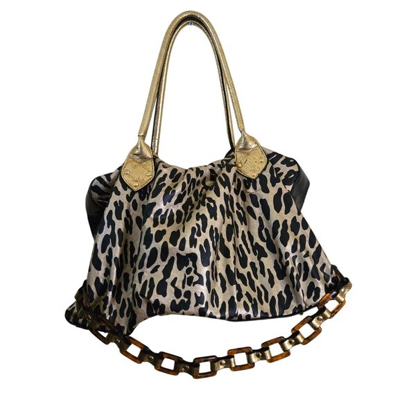 Betsey Johnson Vintage Y2K Betseyville Leopard Print Tortoise Chain Bag Tag Bag - Picture 2 of 11